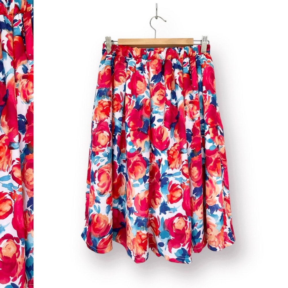 Rainbow Georgette Floral Skirt Waist Elastic  Women M Lined Below Knee L…